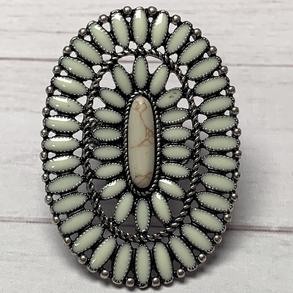 Western Style Needlepoint Concho Cluster Ring with Natural Oval Stone Adjustable - Picture 4 of 4